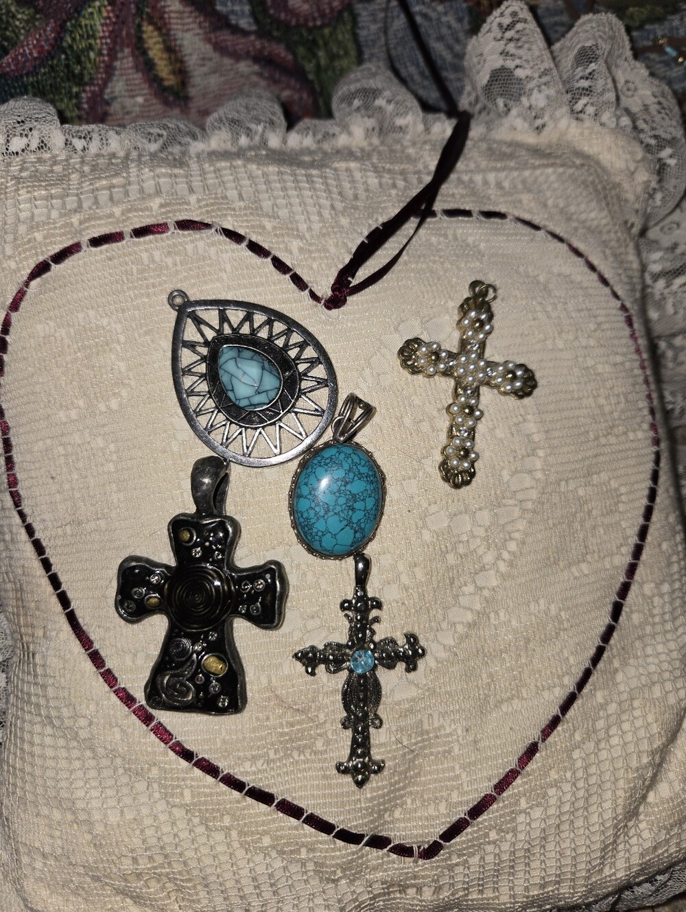 Mixed Cross Pendant Lot with Turquoise & Pearl Accents No Chains